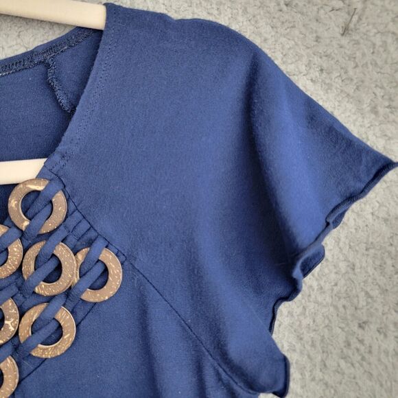 Style & Co Top Blouse Womens M Blue Embellished Neck Interlaced Wood Rings - Picture 11 of 13